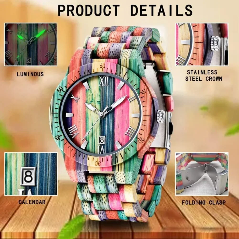 Men's Q1057 Handmade Colorful Bamboo Engraved Analog Quartz Wooden Watch